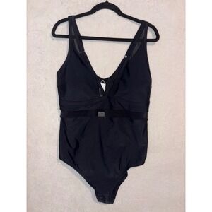 Cupshe Black Mesh cutout ruched‎ flattering V-Neck One Piece Swimsuit 2X New